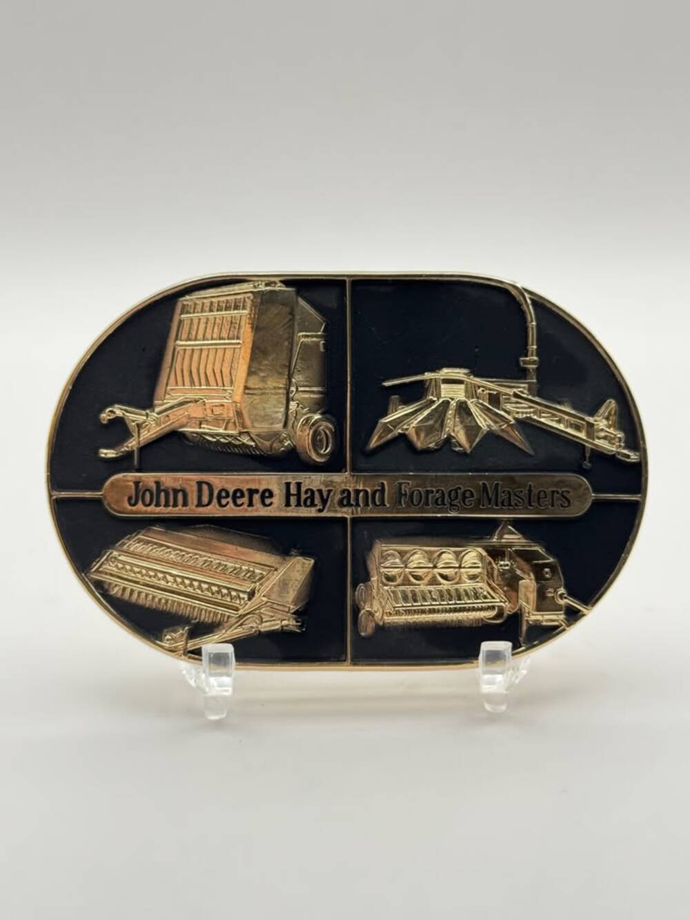 John Deere 1985 Hay and Forage Machines Belt Buckle Four-Machine Collage Oval